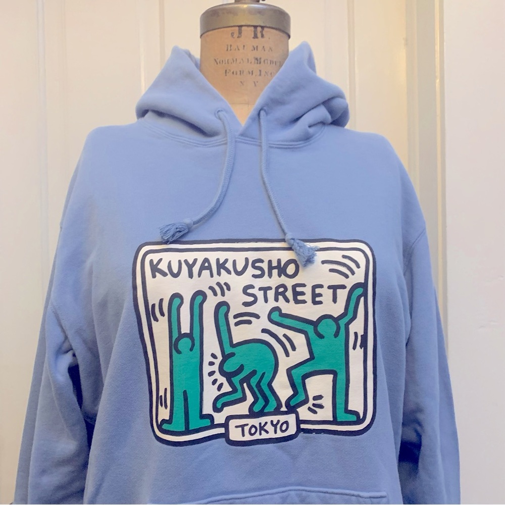 UNIQLO UT x KEITH HARING TOKYO COTTON BLUE HOODIE PULLOVER SWEATSHIRT SIZE LARGE